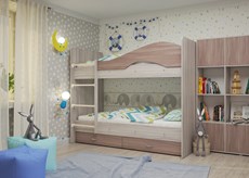 Двухъярусная кровать Мая с 2 ящиками на щитах, корпус Шимо светлый, фасад Шимо темный в Екатеринбурге