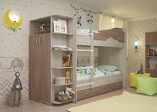 Детская двухъярусная кровать Мая на щитах со шкафом и ящиками, корпус Шимо светлый, фасад Шимо темный в Екатеринбурге