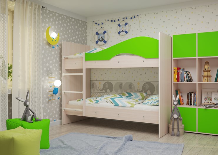 Детская двухэтажная кровать Мая на щитах, корпус Млечный дуб, фасад Салатовый в Екатеринбурге - изображение 1