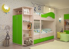 Детская 2-этажная кровать Мая на щитах со шкафом и ящиками, корпус Млечный дуб, фасад Салатовый в Екатеринбурге