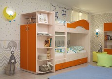 Двухэтажная детская кровать Мая на щитах со шкафом и ящиками, корпус Млечный дуб, фасад Оранжевый в Екатеринбурге - предосмотр