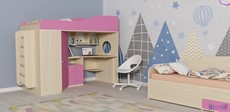 Кровать-чердак детская Кадет-1 с металлической лестницей, корпус Дуб, фасад Розовый в Екатеринбурге