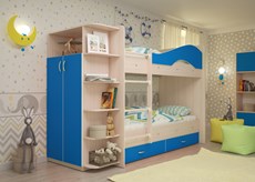 Двухэтажная детская кровать ТМК Мая на щитах со шкафом и ящиками, корпус Млечный дуб, фасад Синий в Екатеринбурге